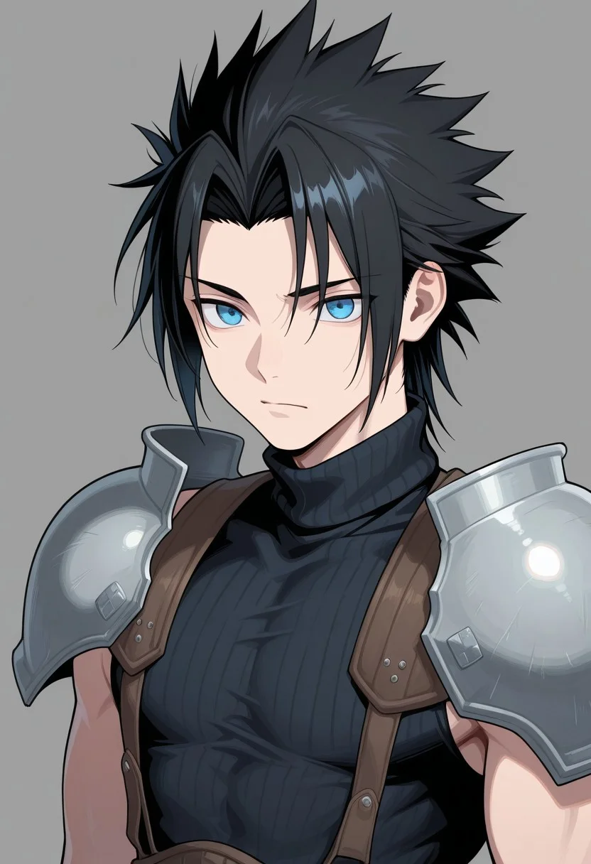 masterpiece,best quality,amazing quality, source_anime,
ZakkusuFea, 1boy, male focus, solo, blue eyes, black hair, spiked hair, short hair, shoulder armor, sleeveless turtleneck,