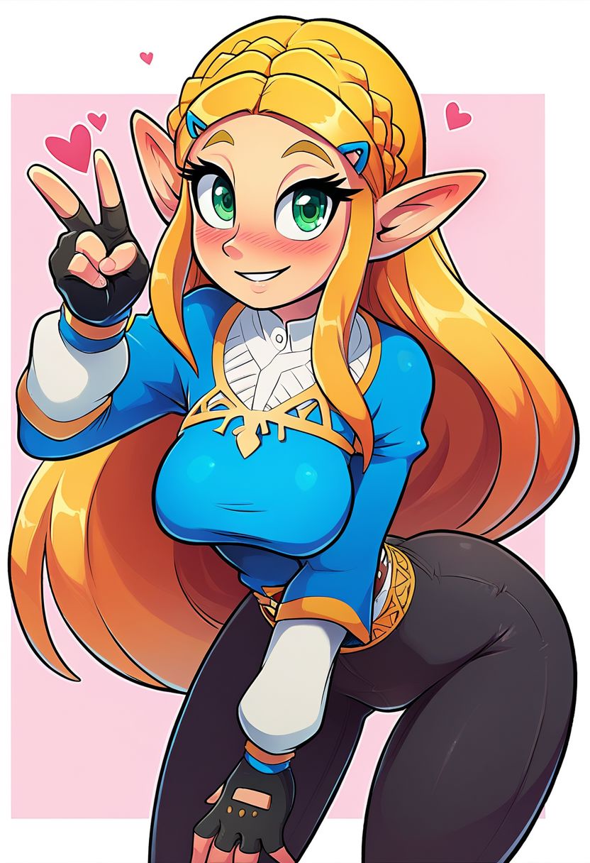 score_9, score_8_up, score_8, medium breasts, cute, eyelashes, leaning forward, v, princess zelda, long hair, crown braid, hairclip, pointy ears, blue shirt, long sleeves, fingerless gloves, black gloves, black pants, tight pants, green eyes, solo, looking at viewer, smile, blush,  heart,