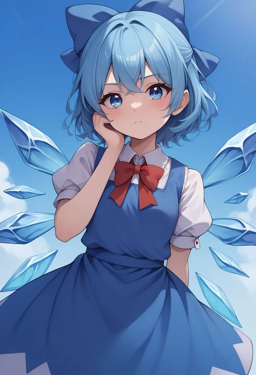 score_9, score_8_up, source_anime, highly detailed,
cirno, 1girl, solo, blue eyes, wings, blue hair, ice wings, ice, short sleeves, bow, blue bow, blue dress, puffy sleeves, hand in hairs,
puffy short sleeves
outdoor,