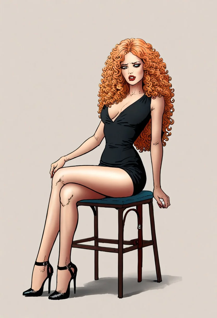 score_9, score_8_up, score_7_up, score_6_up, adult beautiful woman, (chiaroscuro lighting) source_cartoon, f3rn4nd0, (line art)
hotel,
(1female),
sitting in chair,
(F3rBr1g1)
blushing
(orange hair)
(curly ringlets hairs), (big hair), (extremely long hair)
(black dress) body-con dress
black pantyhose
heels
lipstick
makeup
skimpy clothing,