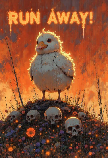 A graphic illustration featuring a white duck standing triumphantly atop a pile of skulls and bones, surrounded by fiery hues of red and orange. The word 'RUN AWAY!' is prominently displayed at the top in bold, flaming text, emphasizing a darkly humorous and apocalyptic theme. The background consists of a gradient of red tones, creating an intense and dramatic atmosphere. The illustration is minimalistic yet impactful, focusing on strong contrasts and symbolic imagery.