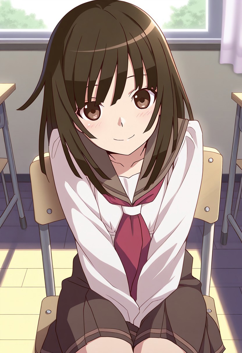 <lora:illustrious_XL_nadeko:0.9>,nadeko,masterpiece,best quality,good quality,1girl,solo,long hair,long bangs,school_uniform,sailor,day,indoor,classroom,v_arms,sitting_on_chair,smile,light_blush,