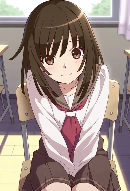 <lora:illustrious_XL_nadeko:0.9>,nadeko,masterpiece,best quality,good quality,1girl,solo,long hair,long bangs,school_uniform,sailor,day,indoor,classroom,v_arms,sitting_on_chair,smile,light_blush,