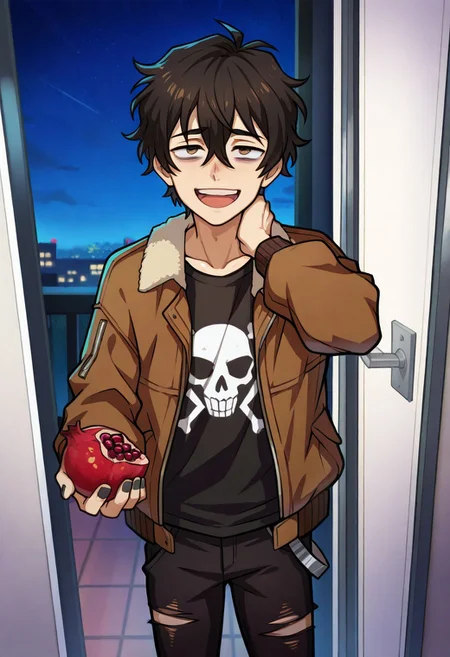 masterpiece, best quality, amazing quality, Bokun art style, male focus, solo, door, night,
BREAK 1boy, cute boy, Nico, Pale Skin, Black Hair, Messy Hair, Dark Brown Eyes, Black T-Shirt, Skull T-Shirt, Aviator Jacket, torn black pants, black nails, bags under eyes, holding pomegranate, holding flower, giving, hand on own neck, laughing,