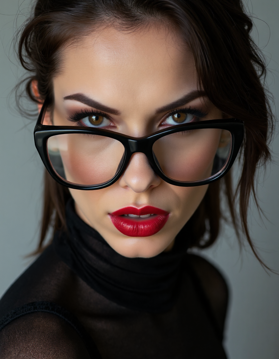 A striking portrait of a fierce woman with piercing eyes and bold, direct eye contact. She wears natural-looking brick-red lipstick and large, avant-garde glasses. The composition embodies a high-fashion editorial aesthetic, blending ethereal beauty with dramatic shadows and luxurious fashion details. The zoomed-out perspective places the subject in 30% of the frame, leaving ample negative space around her head for a modern, minimalist feel. The subtle 3D effect enhances the visual depth, creating a captivating and dynamic image.