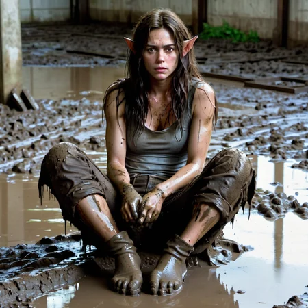 brunette cindyelfxl <lora:cindyelfxl:0.7> large pointed:2 ears Cindy sitting in mud in the middle of a large empty warehouse