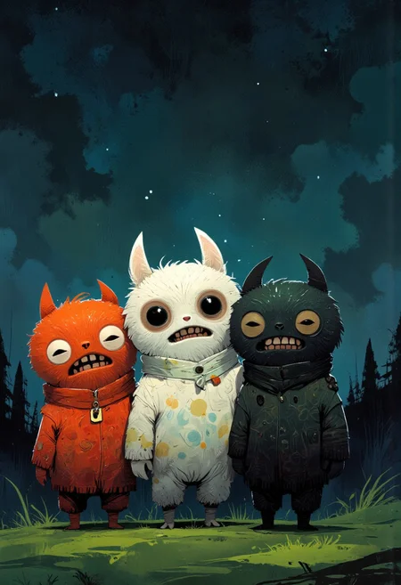 fugglers, A medium-close-up view of three different colored alpacas standing in a grassy field at night. They have long hair and look very fluffy. Midnight, stars shine a soft light, they look a bit creepy but also cute, dark horror background, CreeepyCuteMagic, ppstorybook