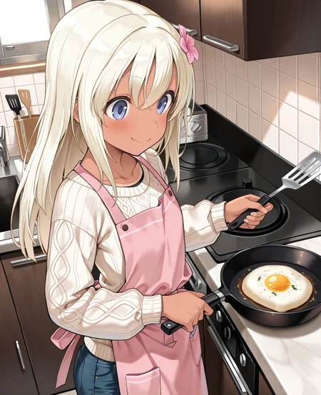 (masterpiece, best quality:1.2), amazing quality, very aesthetic, absurdres, perfect detail,
kitchen stove, sink,
holding frying pan, holding spatula, smile, blush,
ro-500 \(pump\), aran sweater, long sleeves, apron, floral print, denim pants,
<lora:XL_Ill_kancolle-ro500(pump)-t2:1>