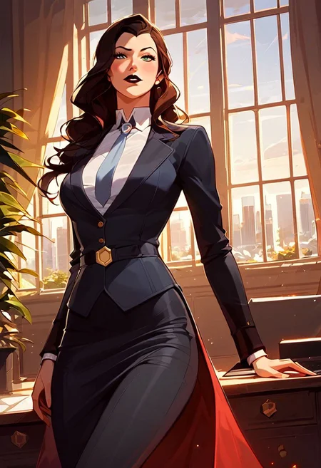 Asami Sato (Legend of Korra) girl,athletic body,black lipstick,wearing a coat with a black shirt with tie and a black baggy dress trousers with heels,score_9, score_8_up, score_7_up, 1girl, source_anime,
expressiveh
Standing at a large office window of a private room with a view on a skyline at sunset