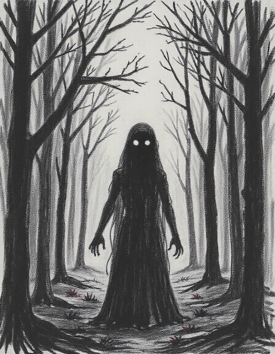 This is a dark, eerie drawing depicting a drawing of an dark creature without any eyes, It's in a dark gloomy forest. <lora:5yocrayon1_cap_d6a3e12:1>