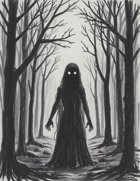 This is a dark, eerie drawing depicting a drawing of an dark creature without any eyes, It's in a dark gloomy forest. <lora:5yocrayon1_cap_d6a3e12:1>