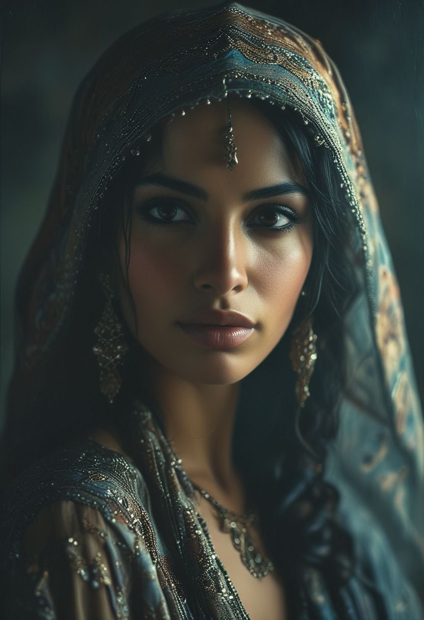 medium shot, dark photo, a evocative medium shot of a beautiful arabian woman