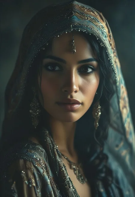 medium shot, dark photo, a evocative medium shot of a beautiful arabian woman