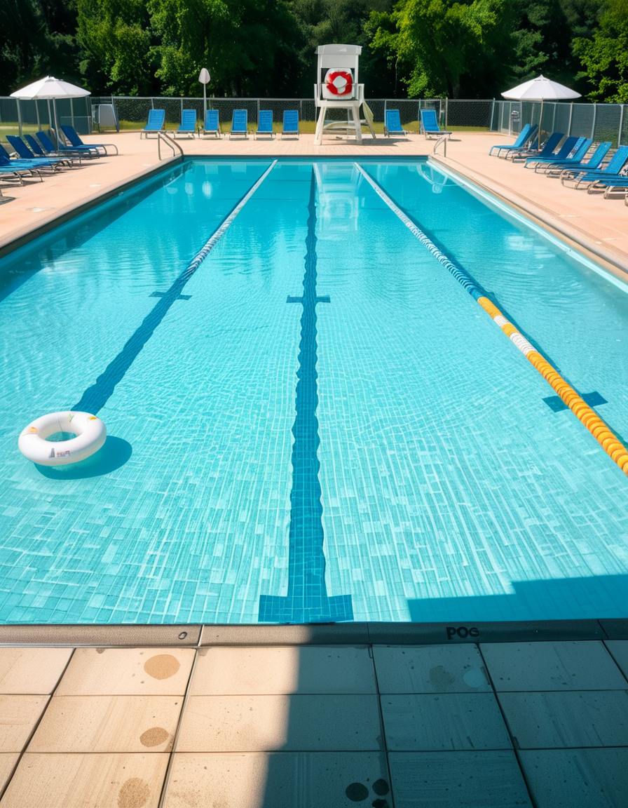 A large public swimming pool on a sunny day, completely empty of people. The clear blue water is still, reflecting the bright sky. Sunlight creates shimmering patterns on the tiled pool floor. The pool deck is lined with neatly arranged lounge chairs and colorful umbrellas. A lifeguard chair stands vacant at the poolside. Surrounding the area, lush green trees and well-maintained landscaping add a sense of tranquility. The atmosphere is calm and serene, with no movement except for the gentle ripples in the water.
<lora:SDXLFaeTastic2400:0.4> <lora:extremely_detailed:0.4> extremely detailed, <lora:public_swimming_p00l:1>,public swimming p00l, Masterpiece,best quality,hi res,8k,hi res,8k,award winning,(sharp focus, intricate, highly detailed),