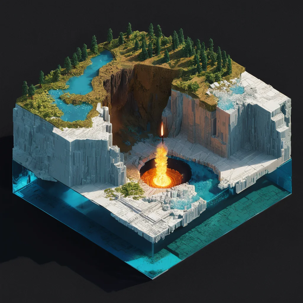isometric style crater, explosion, tilemapstyle, voxell, square, scenery, <lora:TileMapStyle_v1:0.85> . vibrant, beautiful, crisp, detailed, ultra detailed, intricate