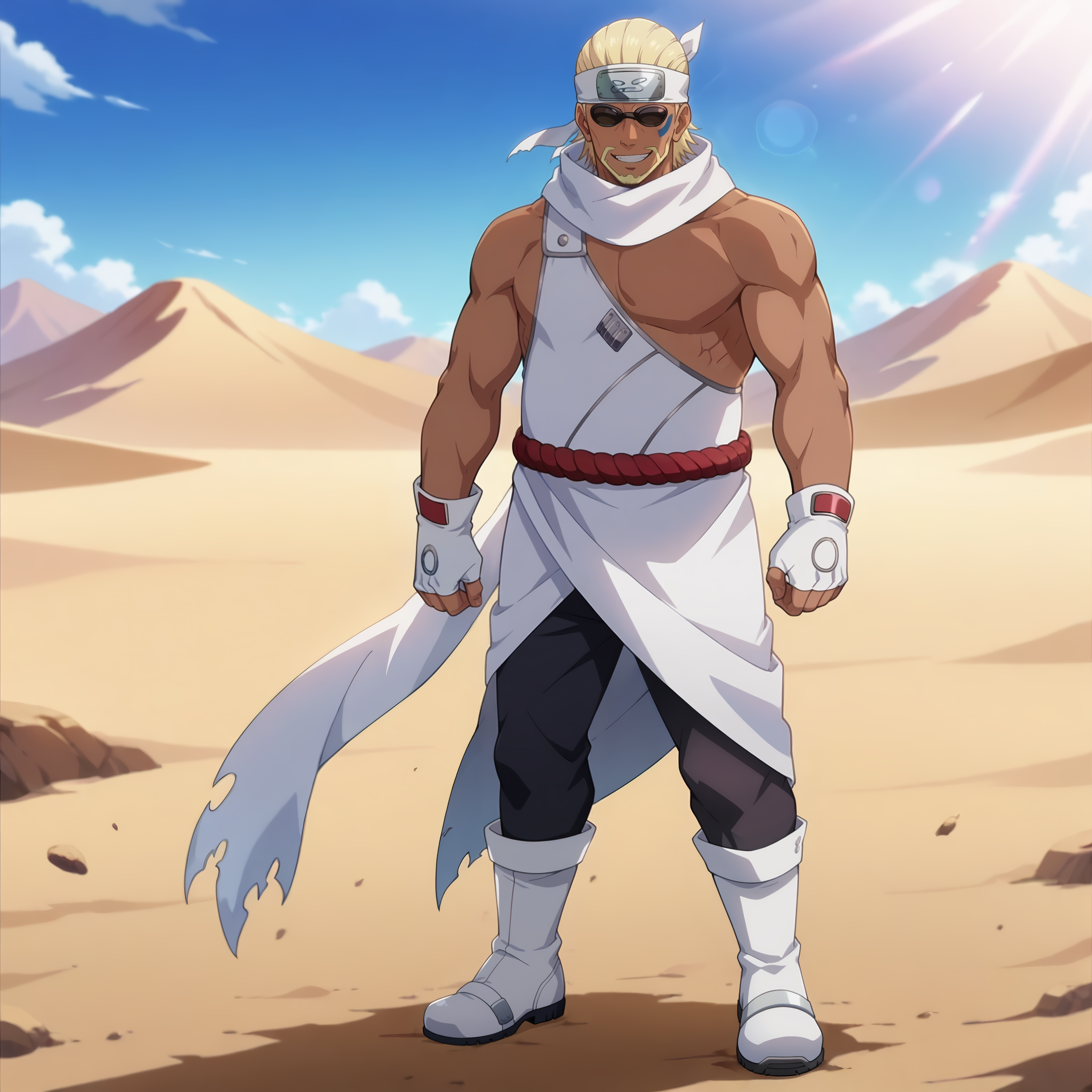 desert, sunlight, 
,full body, front view, evil grin,
<lora:killerbee v0:0.9> killerbee, 1boy, solo, sunglasses, headband, short hair, blonde hair, facial hair, beard, dark skin, dark-skinned male, facial mark, no eyebrows, muscular,  muscular male,
gloves, white dress, white gloves, fingerless gloves, pants, bare shoulders, standing, scarf, rope, white boots,
anime screencap, masterpiece, best quality,