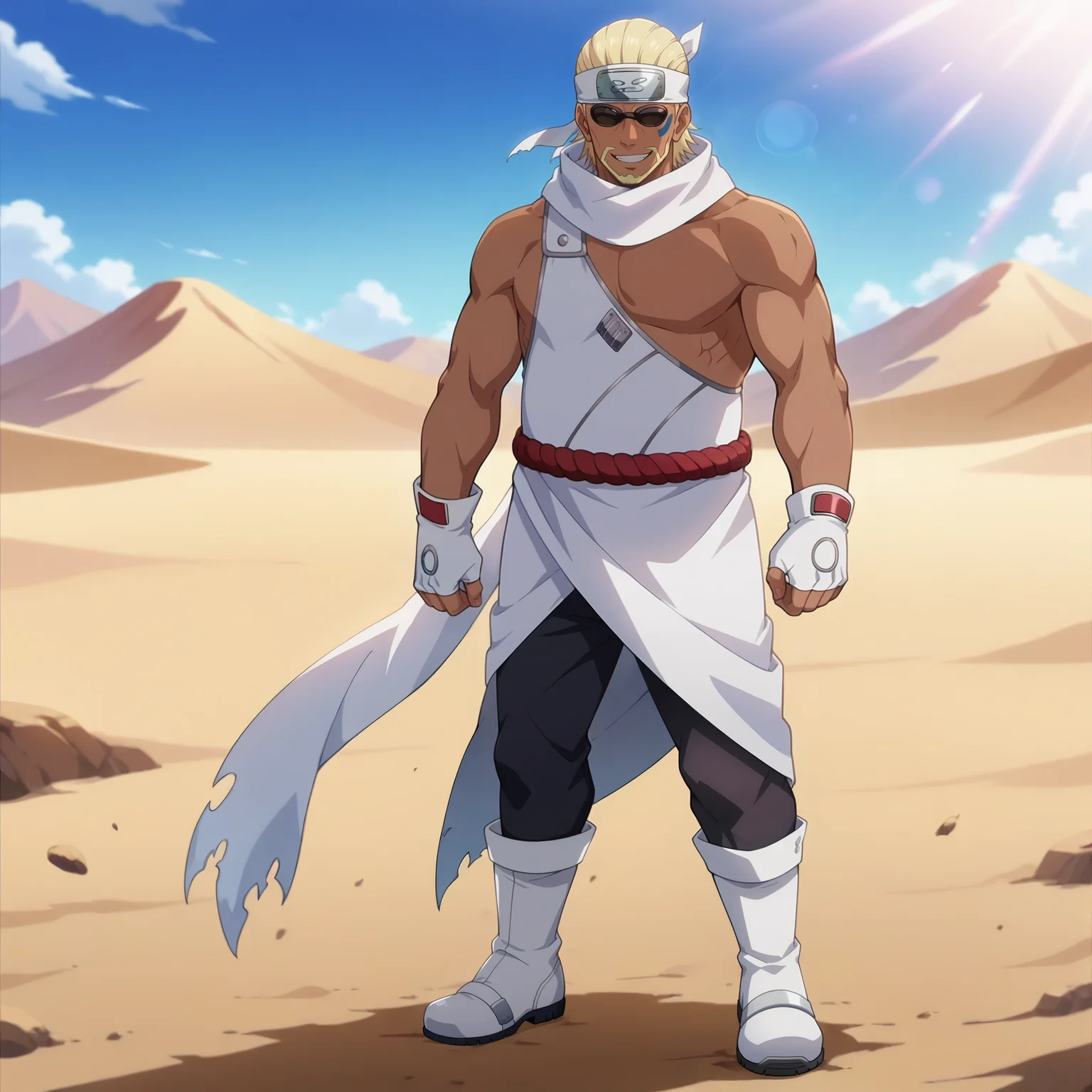 desert, sunlight,
,full body, front view, evil grin,
<lora:killerbee v0:0.9> killerbee, 1boy, solo, sunglasses, headband, short hair, blonde hair, facial hair, beard, dark skin, dark-skinned male, facial mark, no eyebrows, muscular, muscular male,
gloves, white dress, white gloves, fingerless gloves, pants, bare shoulders, standing, scarf, rope, white boots,
anime screencap, masterpiece, best quality,