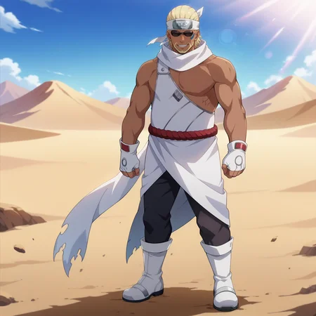 desert, sunlight,
,full body, front view, evil grin,
<lora:killerbee v0:0.9> killerbee, 1boy, solo, sunglasses, headband, short hair, blonde hair, facial hair, beard, dark skin, dark-skinned male, facial mark, no eyebrows, muscular, muscular male,
gloves, white dress, white gloves, fingerless gloves, pants, bare shoulders, standing, scarf, rope, white boots,
anime screencap, masterpiece, best quality,