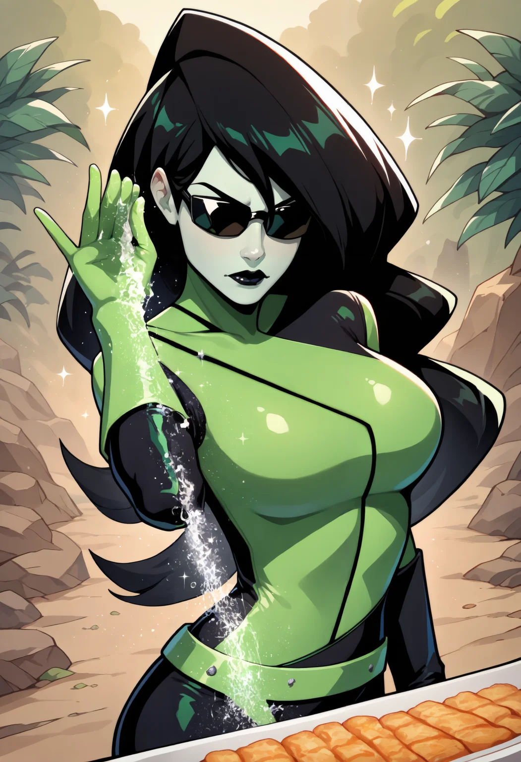 masterpiece, best quality, newest, outdoors, closed mouth, 1girl, solo, saea, salt, sprinkling, sunglasses, food, sparkle, <lora:Salt Bae:1>
shego, colored skin, black hair, long hair, green eyes, lipstick, black lips, medium breasts, two-tone bodysuit, black bodysuit, green bodysuit, asymmetrical gloves, black gloves, green gloves