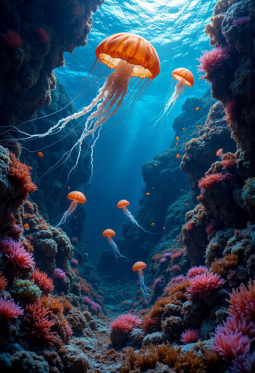 an underwater explosion of life, incredible texture and detail, jellyfish, colorful flowers, vibrant colors, anemones, dark, 16K