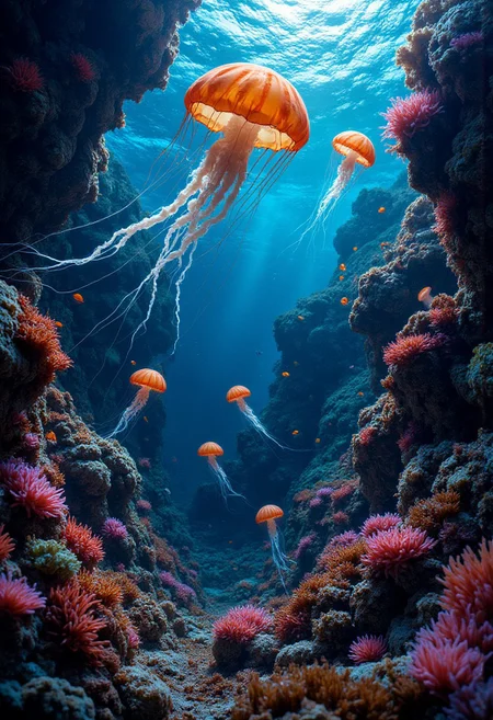 an underwater explosion of life, incredible texture and detail, jellyfish, colorful flowers, vibrant colors, anemones, dark, 16K