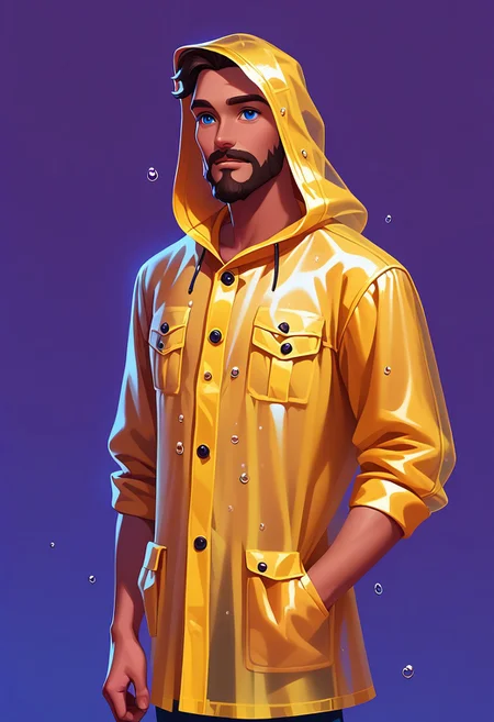 score_9, score_8_up, score_7_up, mgas, masterpiece, best quality, detailed eyes, detailed face, perfect eyes, high detailed, absurdres, highres, casual game art, mobile game art, merge 3 game art, character design, BREAK, 1boy, man, mature, solo, handsome, thoughtful, (muscular), blue eyes, dark brown short hair, beard and mustache, yellow hooded raincoat, ((hood on head, black laces from the hood)), black buttons on the raincoat, two pockets at the bottom of the raincoat, ((water drops on the raincoat:1.5)), BREAK (right hand is raised, right hand to forehead), (his left hand on his hip), standing, cowboy shot, BREAK looking into the distance, simple background, purple background