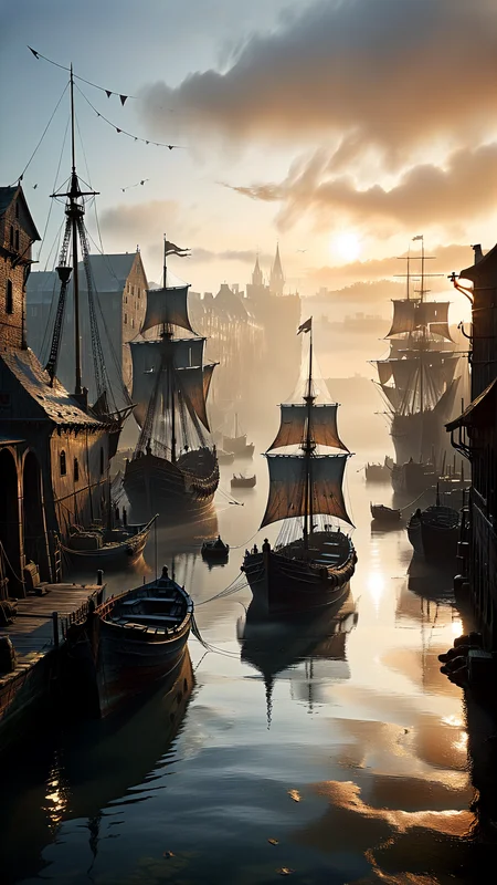 The scene depicts a medieval harbor at dawn, as the sun begins to set and cast a warm glow over the misty landscape. The mist, combined with the haze of the early morning, creates a dreamlike atmosphere. The stars twinkle brightly in the sky, their light reflecting off the still waters of the harbor. Ships are moored along the quayside, their sails furled against the chill of the night. Figures can be seen moving about, silhouetted against the fading light, going about their daily business. The overall tone is surreal, as if the viewer has stumbled upon this scene by chance, caught between the worlds of reality and fantasy. The level of detail is astonishing, from the intricate patterns on the ships' sails to the weathered wood of the quayside. The image has an otherworldly quality, as if it were painted by a master of the surrealist movement. low angel,
<lora:add-detail-xl:0.9> dvr-lnds-sdxl <lora:MJ52:0.5> <lora:zavy-cntrst-sdxl:0.4> <lora:zavy-rmlght-sdxl:0.4> <lora:fog_creatures_v4:0.5>
