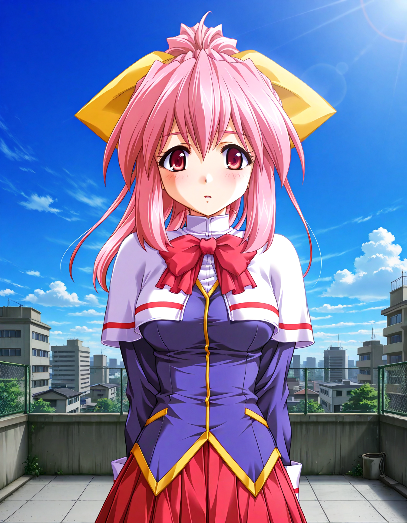 (1girl, solo:1.3), (2girls, 3girls, 4girls, multiple girls, 2boys, 3boys, 4boys, multiple boys:-1.5) <lora:Inuyama_Tsumugi_Dokusen_Illustrious:0.9>, inuyama_tsumugi, medium breasts, red eyes, pink eyes, pink hair, long hair, ponytail, hair bow, hair ribbon, yellow ribbon, school uniform, long sleeves, wrist cuffs, white capelet, capelet, red bowtie, bowtie, red skirt, pleated skirt, miniskirt shy, open eyes, general, contrapposto, dynamic pose, arms behind back, upper body, straight-on, pov, , outdoors, school rooftop, wire mesh fence, cityscape, sky, cloud, <lora:NOOB_EPSv1_1_detailer_by_vlnvk_v1_0:1.5>, (photo background:0.7), night, (tachibana yuu:0.6), inue shinsuke, (kazuma muramasa:0.0), saikawa yusa, (aoi manabu:0.6), abarerumidori, (suzui narumi:0.6), masterpiece, newest, absurdres, 8K, anime screenshot, anime coloring, flat color, official art, film grain, <lora:illustriousXLv01_stabilizer_v1.185c:0.7>, <lora:LECO_Solo:-4.0>,
