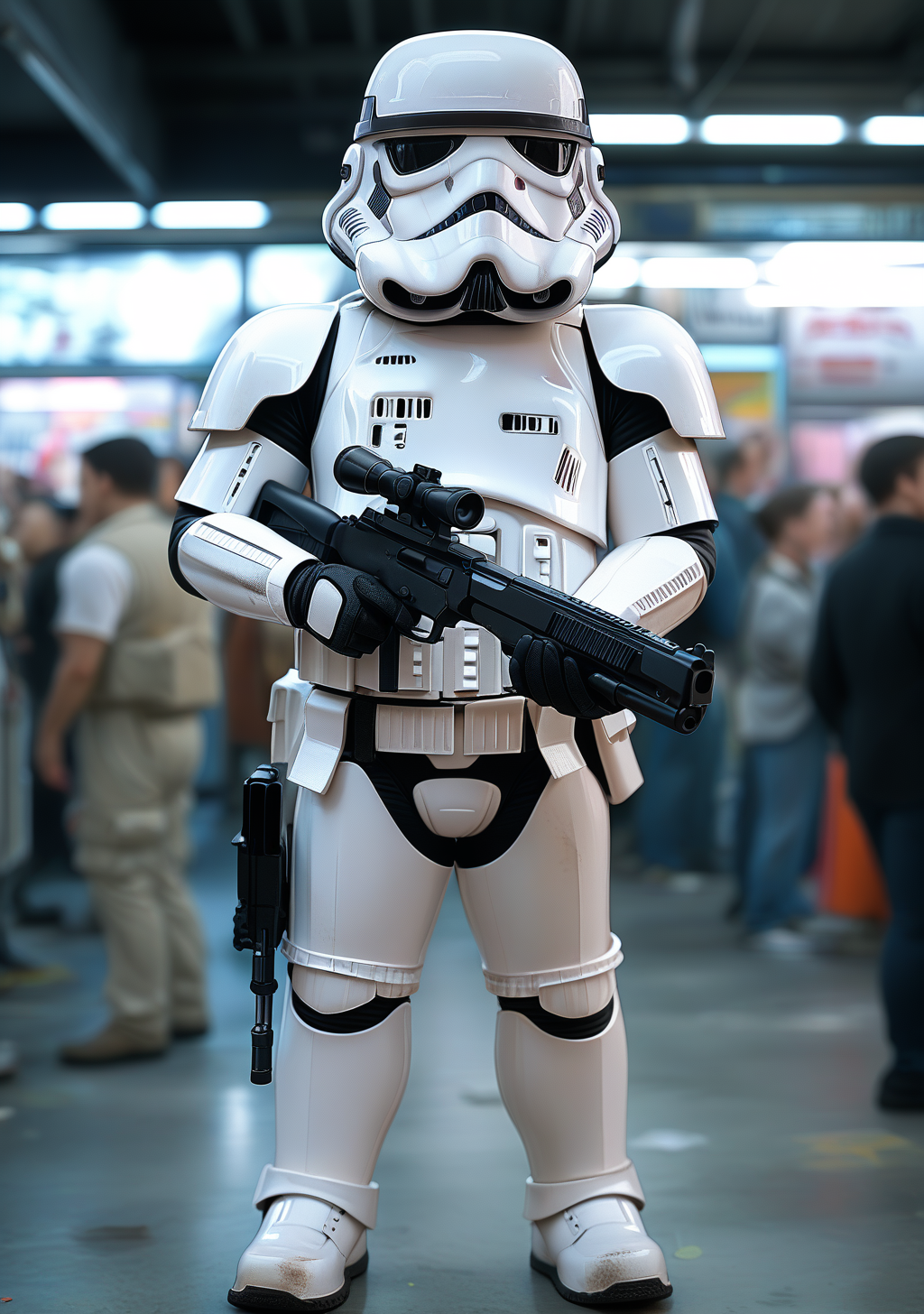 score_9, score_8_up, score_7_up, score_6_up, score_5_up, score_4_up, masterpiece, high quality, BREAK, full body, BREAK, 1girl,  <lora:Storm Trooper Outfit:0.9> Stormtrooper outfit, white outfit, white armor, gun, solider,