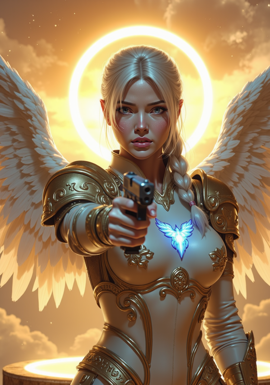 a glock g17model pistol aimed by a young woman, a majestic portrait of an angelic woman with porcelain skin and long, flowing silver hair tied into an intricate braid draped over one shoulder, her glowing blue eyes meeting the viewer with calm authority; she wears a suit of gleaming white and gold armor with celestial wing patterns etched into the breastplate, the edges trimmed with radiant golden accents; her hands grip a polished silver handgun with glowing runes etched along the barrel, the weapon aimed steadily at the viewer; her vast feathered wings are fully unfurled behind her, their edges glowing faintly with divine light, while her radiant golden halo casts warm beams across her armor; she stands atop a celestial platform of glowing marble, surrounded by softly drifting orbs of light, with a golden sunset illuminating the clouds behind her, creating a scene of awe-inspiring grace and strength<lora:cheats.safetensors:0.5:0.5> <lora:Glock (G17)_epoch_12.safetensors:1:1>