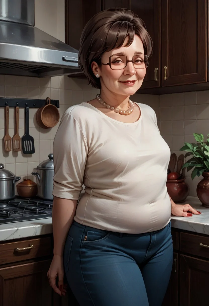 score_9,score_8_up,score_7_up,1girl, short hair, pearl necklace, ((mature woman)), soft smile, plump, standing, small breasts, eyewear, kitchen, full figure,red nails, brown hair, white tshirt, blue pants