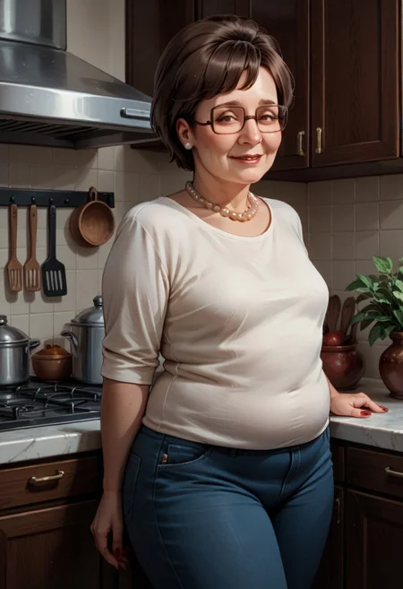 score_9,score_8_up,score_7_up,1girl, short hair, pearl necklace, ((mature woman)), soft smile, plump, standing, small breasts, eyewear, kitchen, full figure,red nails, brown hair, white tshirt, blue pants