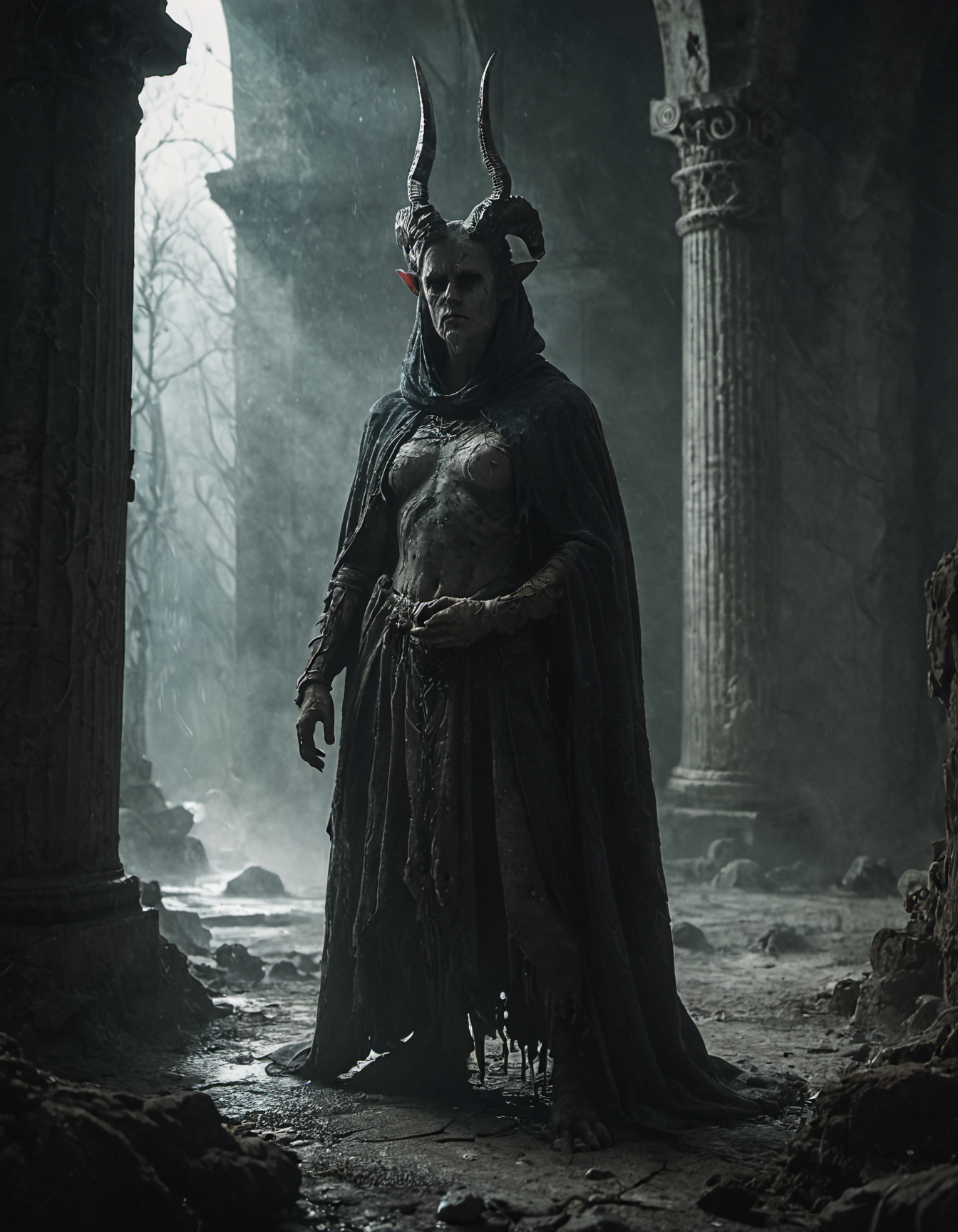 score_9, score_8_up, score_7_up, full body shot, adult satyr with gnarled horns, wearing grey plate armor with a cloak of stars, is a paladin that holds a holy book, background is the interior of a greek temple, intricate, very detailed, dramatic lighting, amazing composition, focus, highly detailed, still, high quality face, gloomy, mystery, grim, dark atmosphere, the scene is captured in dimly lit dark fantasy but vibrant colors, with bold ink lines defining form against the watercolor wash of the aged paper <lora:- SDXL - vanta-black_contrast_V3.0:1>