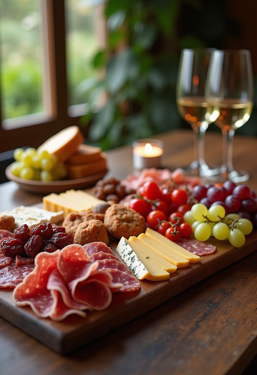 FIRST - A fancy Charcuterie board, beautiful, mouthwatering cold cuts, cured meats, various types of cheese, grapes, sundried tomatoes, a couple of glasses of white wine on the table, dynamic angle, relaxing atmosphere,
Photorealistic, Highly detailed, masterpiece, 4k, high resulution, great lighting, depth of field,