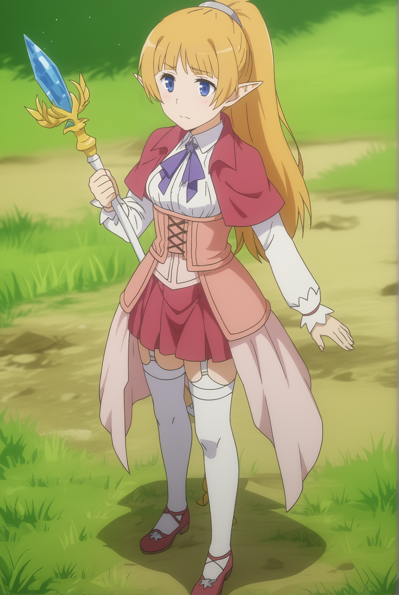<lora:Lefiya_Viridis:0.8>, Lefiya Viridis, 1girl, solo, skirt, thighhighs, staff, white thighhighs, armor, garter straps,
