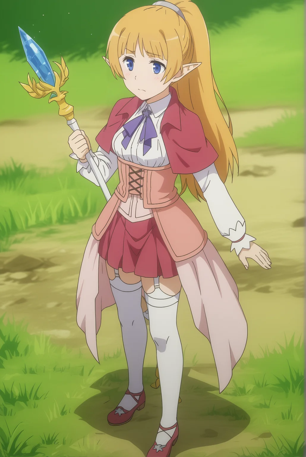 <lora:Lefiya_Viridis:0.8>, Lefiya Viridis, 1girl, solo, skirt, thighhighs, staff, white thighhighs, armor, garter straps,
