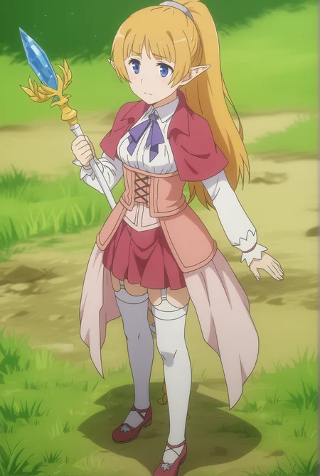 <lora:Lefiya_Viridis:0.8>, Lefiya Viridis, 1girl, solo, skirt, thighhighs, staff, white thighhighs, armor, garter straps,