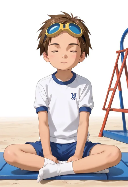 score_9, score_8_up, score_7_up, zPDXL2,
,
1boy, solo, goggles on head, brown hair, jyojifuku, white shirt, short sleeves, shorts, gym uniform,playground,hud_m3dit4tion, indian style, sitting, on floor, , , facing viewer, , closed eyes,