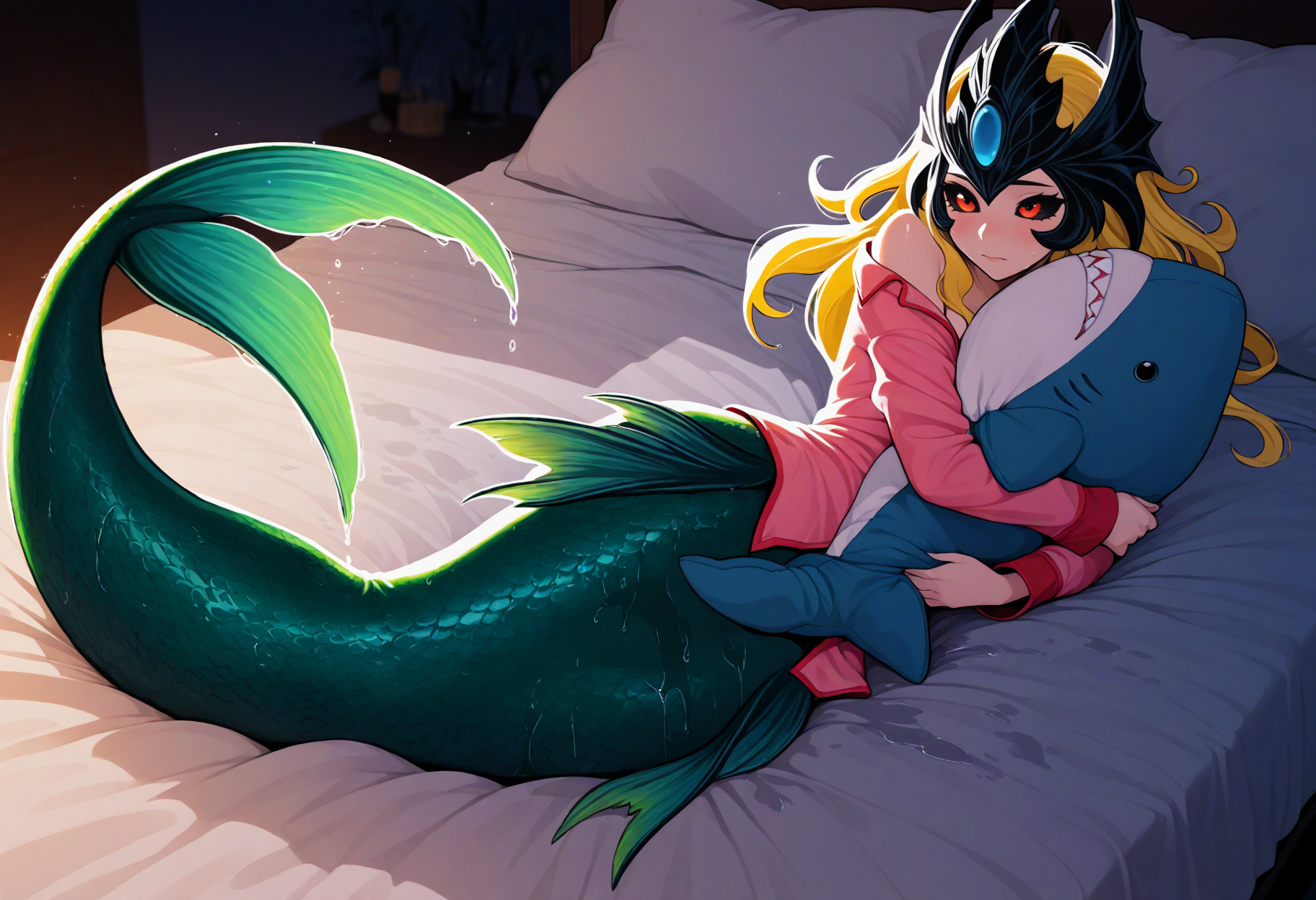 safe, (masterpiece, very aesthetic:1.2), 1girl, namilol, mermaid, black sclera, pajamas, wet, dark room, lying, on bed, hugging plushie, plushie shark, dripping, wet sheets
<lora:Nami-LeagueOfLegends_NAIXL_v10:0.8>