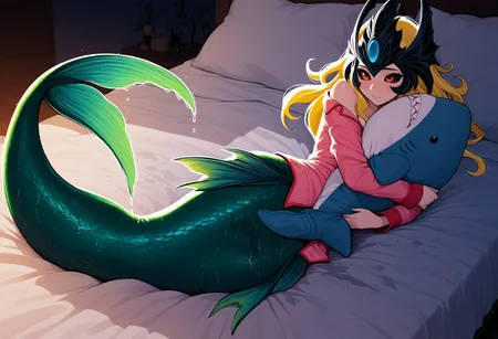 safe, (masterpiece, very aesthetic:1.2), 1girl, namilol, mermaid, black sclera, pajamas, wet, dark room, lying, on bed, hugging plushie, plushie shark, dripping, wet sheets
<lora:Nami-LeagueOfLegends_NAIXL_v10:0.8>