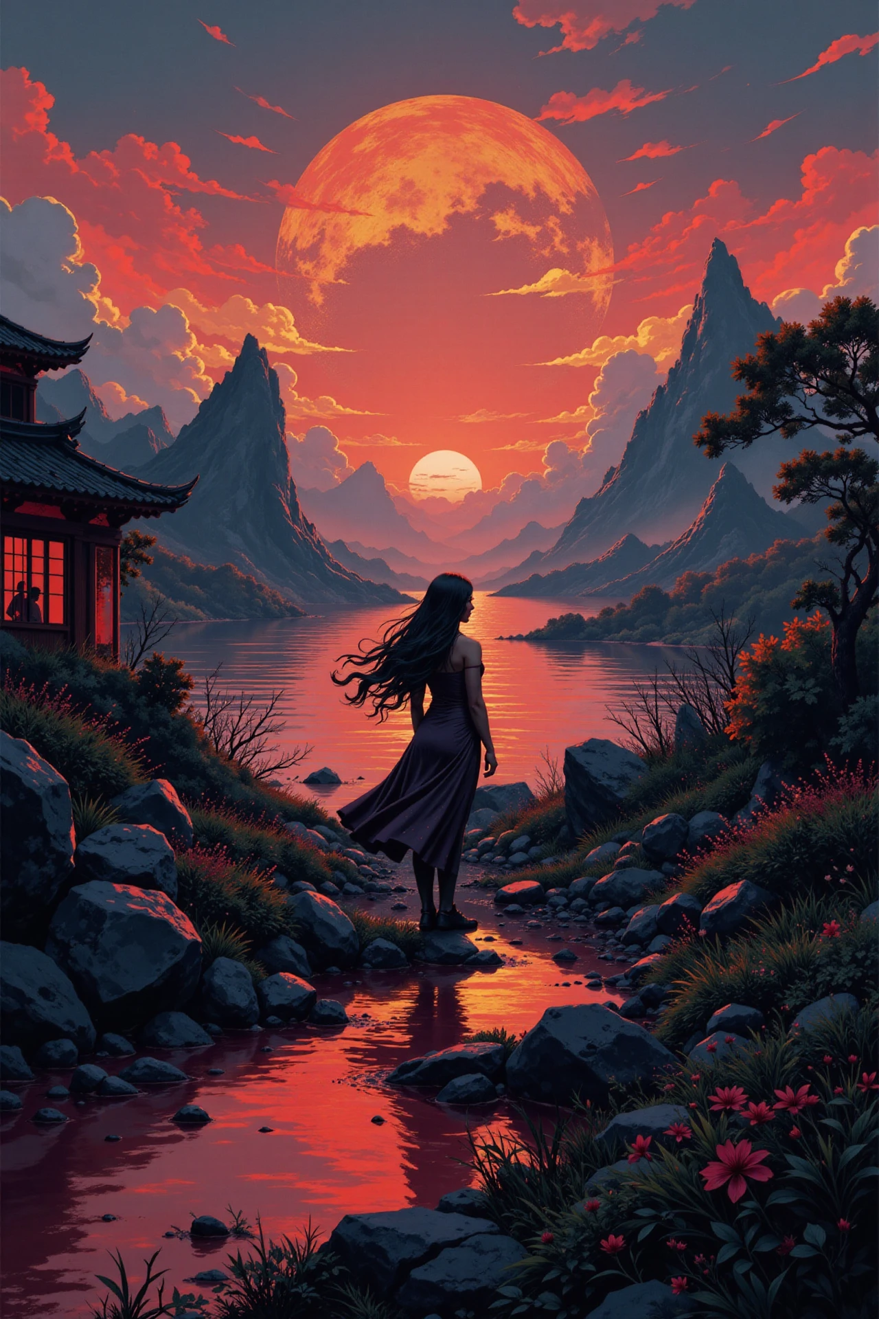 hell beautiful  anime landscape, dusk, woman, very intricate, very detailed, sharp, bright, colorful, <lora:Hand v2:0.5> <lora:Anti-Blur:1><lora:Insane Detail Slider:0.25>  <lora:flux.1_lora_flyway_Epic-detail_v2:0.3> <lora:fluxenhancer:0.25> <lora:ROWER:0.6> <lora:flux-charmer-v1-1:0.4>  <lora:charcoal_ink:0.8> Charcoal