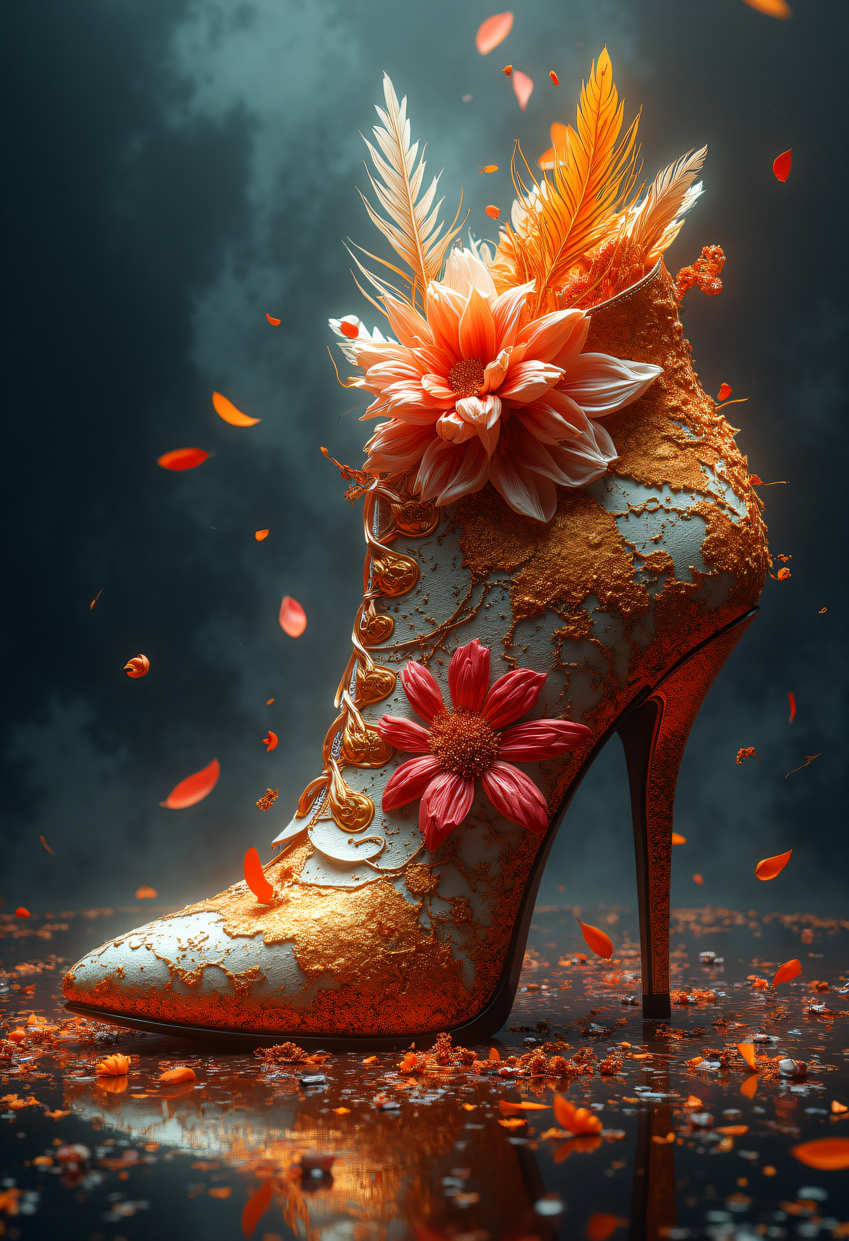 (abstract), ((giant extremely detailed shoe)) with flowers, feathers and grains in it, masterpiece, animated lighting, fever dream