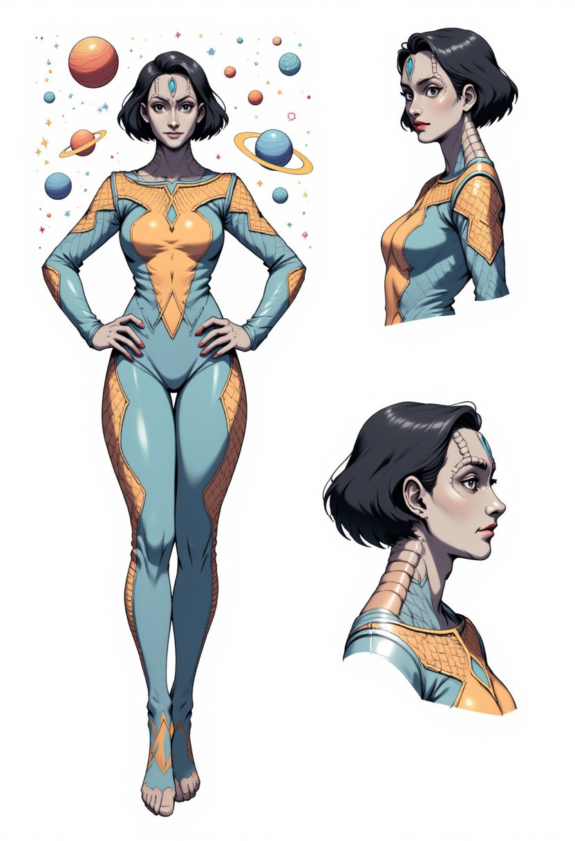 reference sheet,white background,simple background,multiple views, upper body, front, from side, color palette reference, the subject is a young female Cardassian alien with gray skin, (grey skin), forehead crest, neck ridges and scales. short black hair, she stands in a confidant pose with both hands on her hips, CharacterDesignFLUX, high_detailed, captured in high detail, surrounded by sci-fi stars and planets