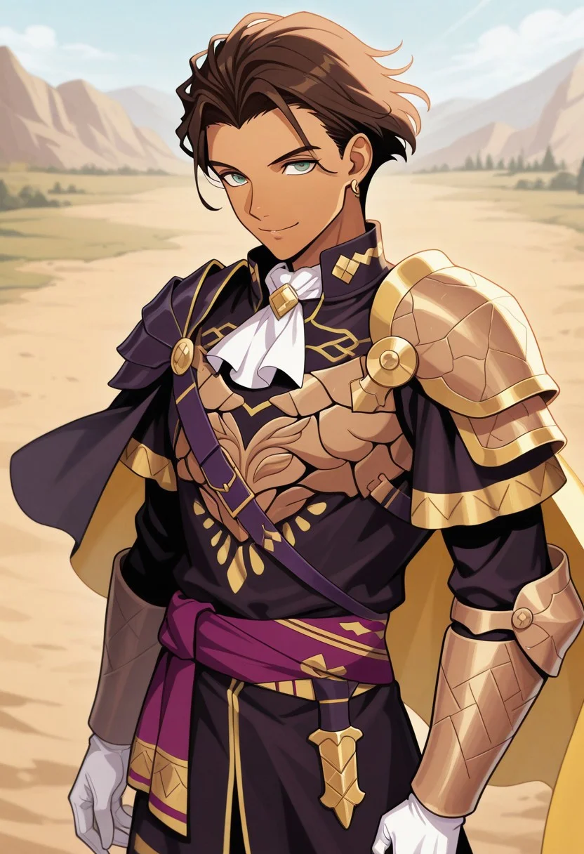 masterpiece,best quality,amazing quality, source_anime,
ClaudeVonRiegan, 1boy, male focus, solo, green eyes, brown hair, short hair, dark-skinned male, jewelry, earrings, ascot, white ascot, shoulder armor, cape, tunic, black and gold tunic, white gloves, purple sash, outdoor, smile,
