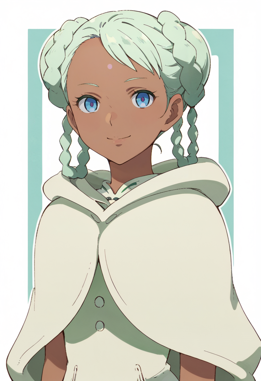 score_9,score_8_up,score_7_up,anime coloring BREAK source_anime,anime,<lora:Raraiya_Monday:0.8>,raraiya,1girl,solo,dark skin,dark-skinned female,blue eyes,forehead mark,green hair,twin braids,double bun,cape,outfit1,thigh boots,smile,multicolored background,looking at viewer,portrait,upper body,