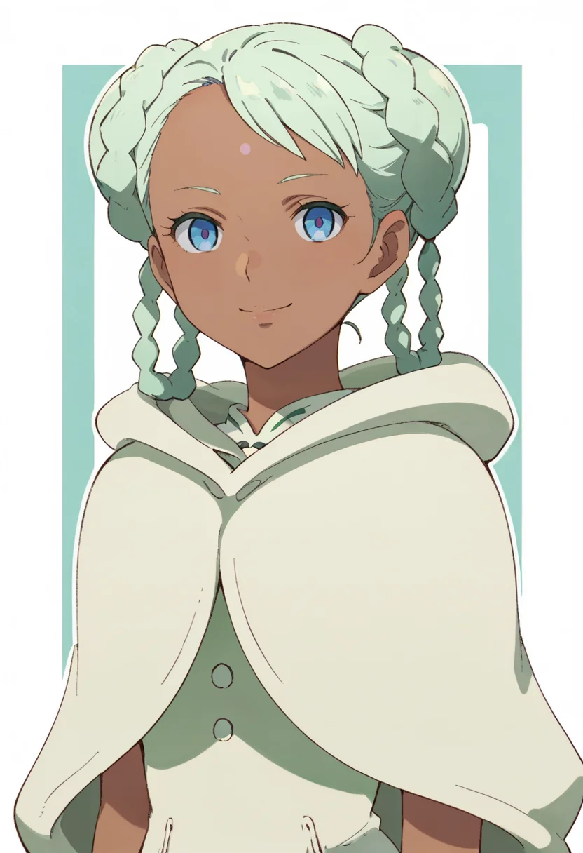 score_9,score_8_up,score_7_up,anime coloring BREAK source_anime,anime,<lora:Raraiya_Monday:0.8>,raraiya,1girl,solo,dark skin,dark-skinned female,blue eyes,forehead mark,green hair,twin braids,double bun,cape,outfit1,thigh boots,smile,multicolored background,looking at viewer,portrait,upper body,