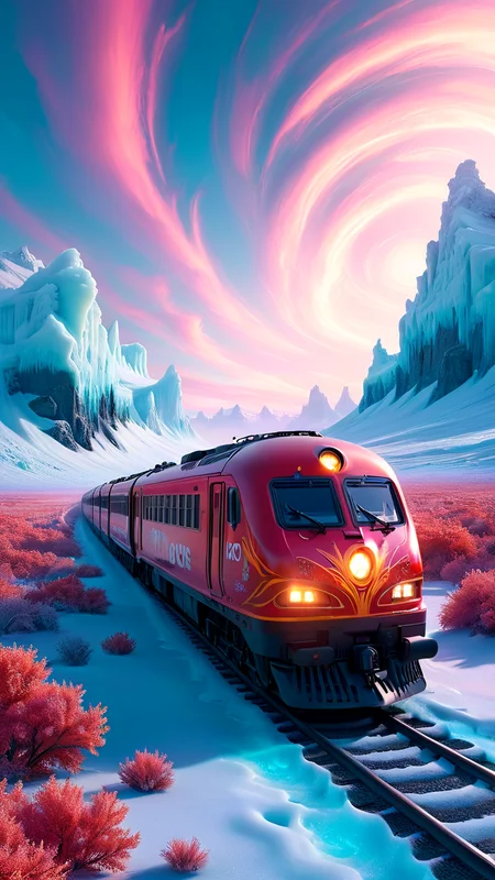 octane render, landscape of a Polar Ice and Sparse Train, very 1700'S and Dynamic, natural lighting, 35mm, Infrared, imposing, extremely rich detail, complimentary colors, background inspired, highly detailed, highly decorated, perfect symmetry, atmosphere, intricate <lora:Psych-Futurism:1> pfstyle