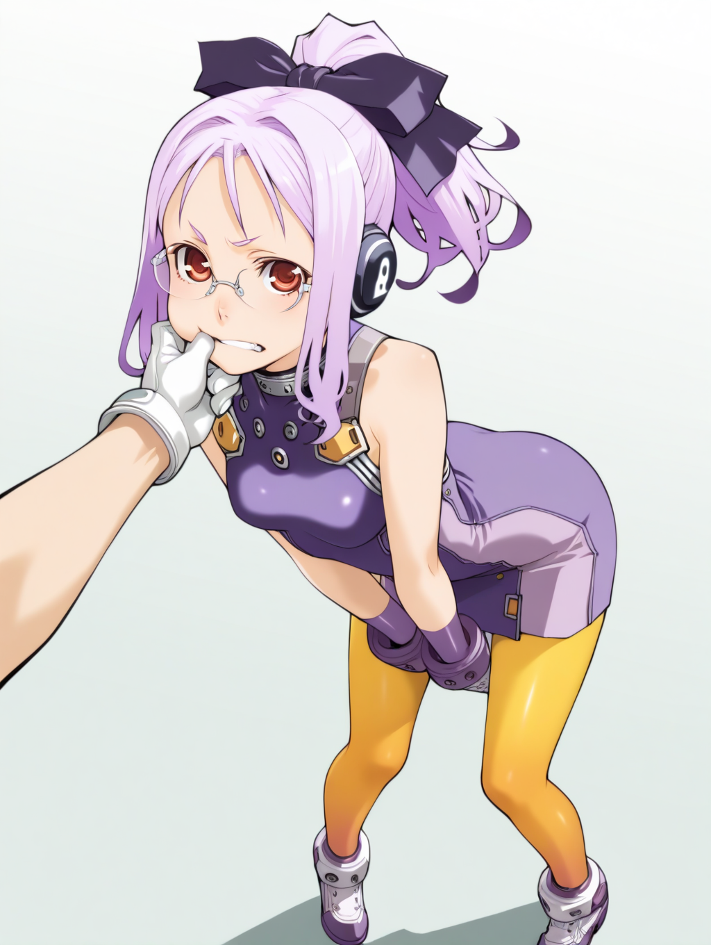 perfect quality,best quality,absolutely eye-catching,ambient occlusion,raytracing BREAK
1girl,<lora:SO4weruti IL v1.1:1>,SO4weruti,purple hair,ponytail,headphones,ribbon,glasses,red eyes,purple dress,sleeveless,gloves,yellow pantyhose,shoes,solo,, pov, looking at viewer,macro_shot,arched_back,cheek_pull,hands_on_hips,hand_between_legs,