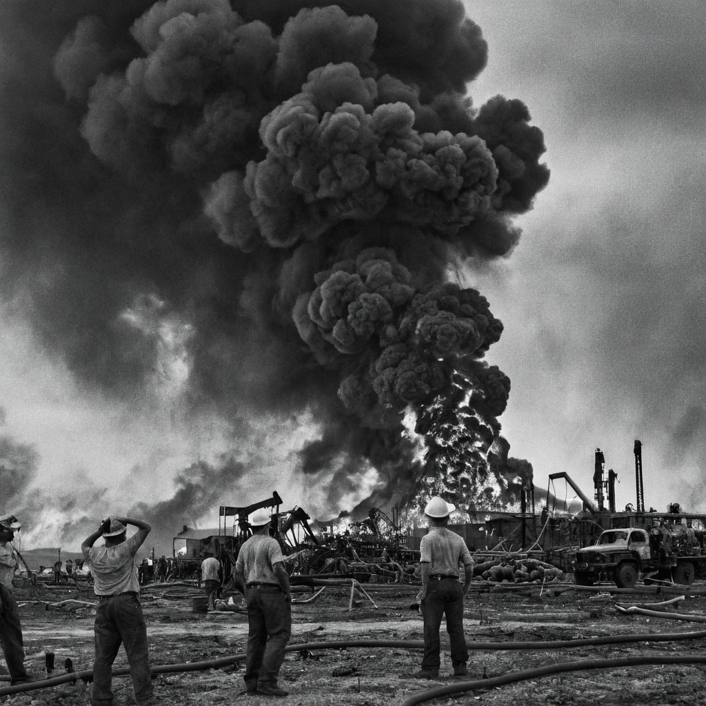 a (black and white:1.5) photo of a massive plums of dark smoke and many flames rising from several fires in a oil field, some workers look at the fires, dramatic lights, dark clouds in the background, high contrast, extreme details, intricate details, 8k, 35mm photo, photorealism, realistic photo, national geographic style, masterpiece, (grainy film:1.4)