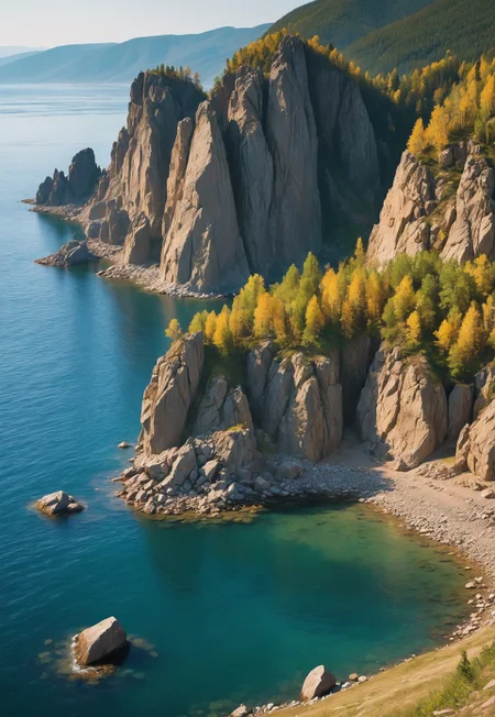 Create a realistic image of Burkhan Cape, also known as Shamanka Rock, on Olkhon Island, Lake Baikal. The scene should capture the natural beauty and cultural significance of the location. Include the distinctive rock formation jutting into the crystal-clear waters of the lake, with the surrounding landscape of the island visible in the background. The image should convey a sense of tranquility and the spiritual importance of the site.